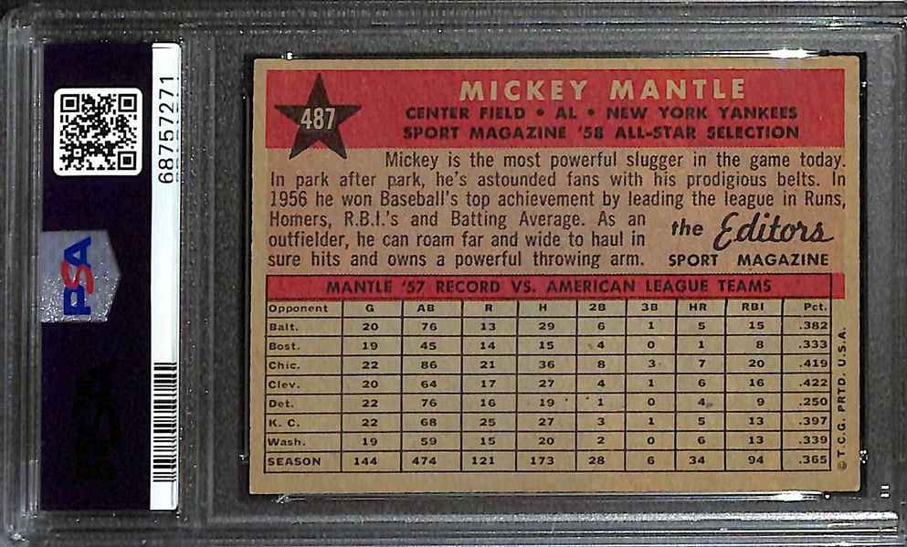 1958 Topps Mickey Mantle Sport Magazine All-Star #487 Graded PSA 5