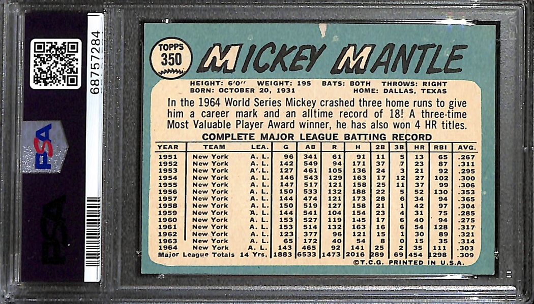 1965 Topps Mickey Mantle #350 Graded PSA 5