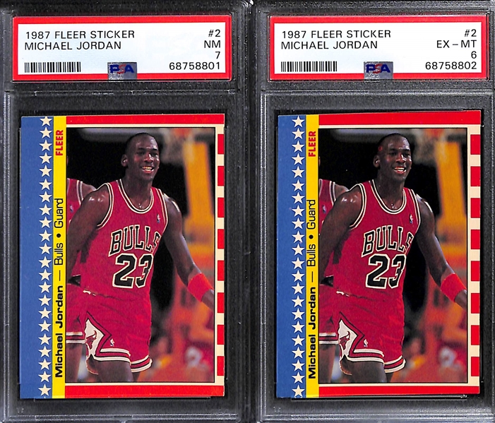 Lot of (4) 1987-88 Fleer Michael Jordan #2 Stickers - Graded PSA 7, PSA 6, PSA 6, PSA 4