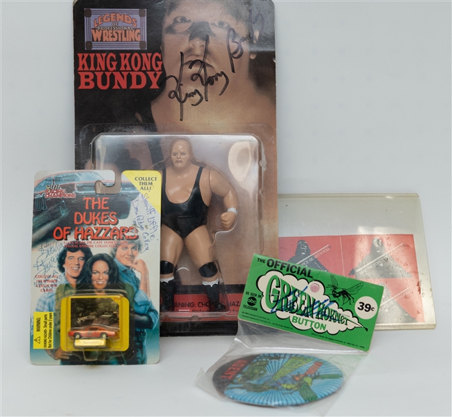 Lot of (3) Autographed Entertainment Memorabilia w. Van Williams of Green Hornet, King Kong Bundy Sealed Wrestling Figure, and Dukes of Hazzard! (JSA Auction Letter)