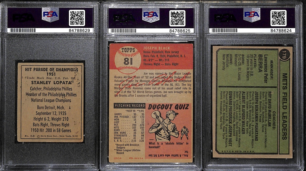 (3) Signed Baseball Cards - 1951 Hit Parade Stan Lopata, 1953 Topps Joe Black, 1974 Topps Eddie Yost