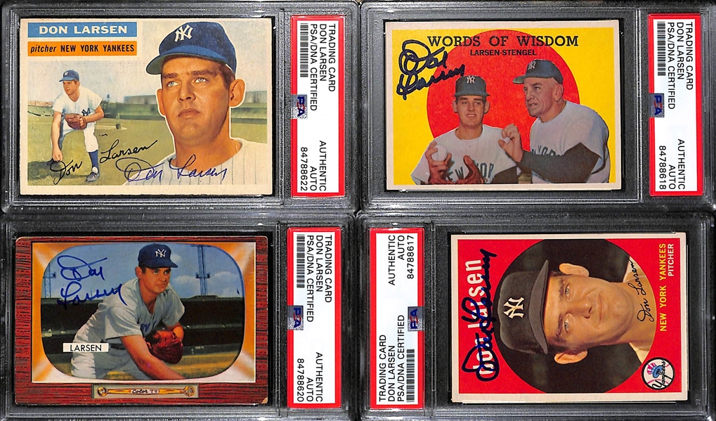 (4) Signed 1950s Don Larsen Yankees Cards - 1955 Bowman, 1956 Topps, and (2) 1959 Topps