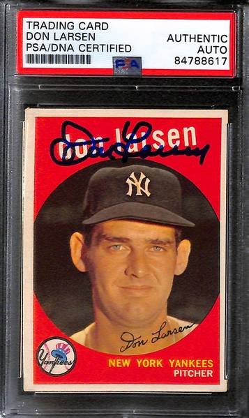 (4) Signed 1950s Don Larsen Yankees Cards - 1955 Bowman, 1956 Topps, and (2) 1959 Topps