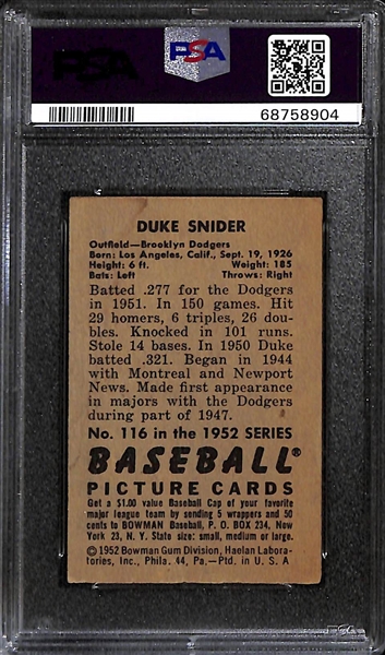 Signed 1952 Bowman Duke Snider #116 (PSA/DNA Auto Grade 10)