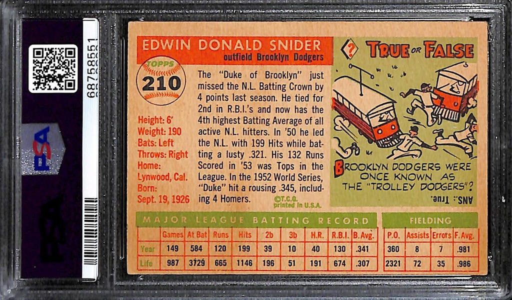 Signed 1955 Topps Duke Snider #210 (PSA/DNA Card Grade 5, Auto Grade 6)