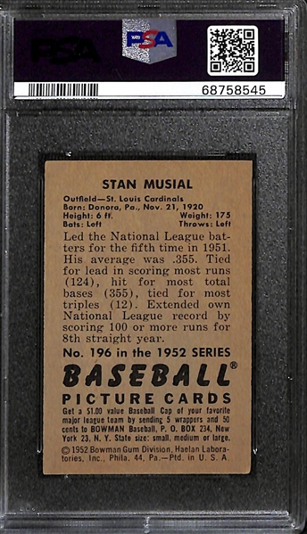 Signed 1952 Bowman Stan Musial #196 (PSA/DNA Card Grade 5, Auto Grade 10)