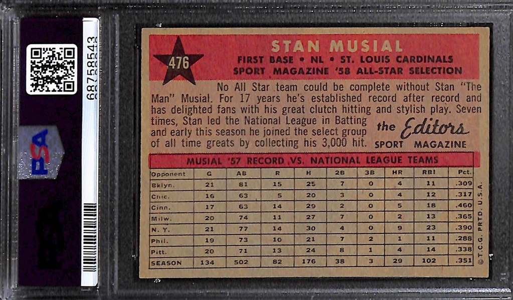Signed 1958 Topps Stan Musial #476 (PSA/DNA Card Grade 7, Auto Grade 10)