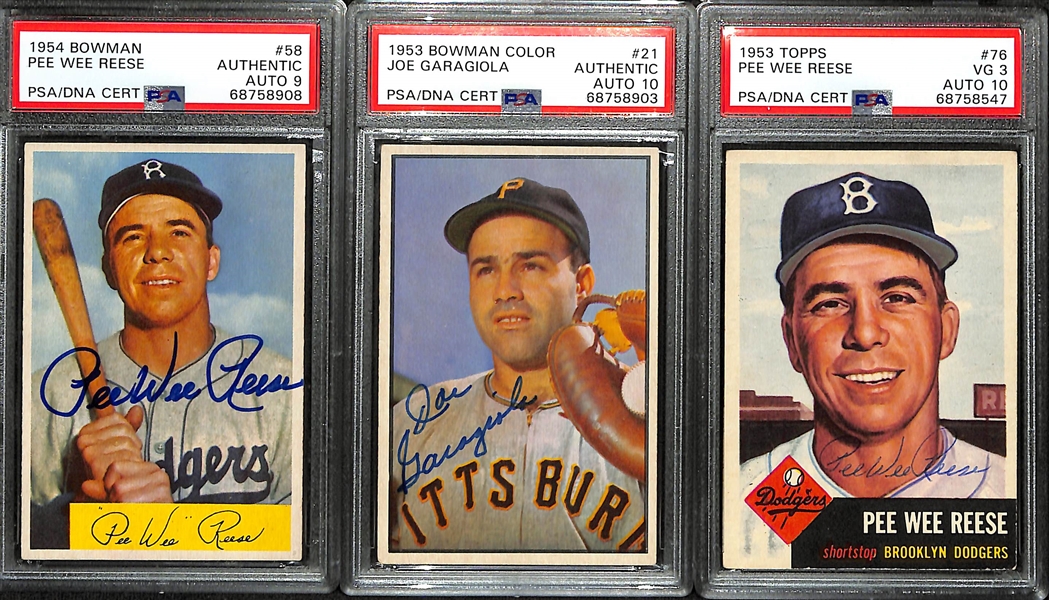 (3) Signed Cards - 1953 Topps Pee Wee Reese (10 Auto Grade), 1954 Bowman Pee Wee Reese (9 Auto Grade), 1953 Bowman Color Joe Garagiola (10 Auto Grade)