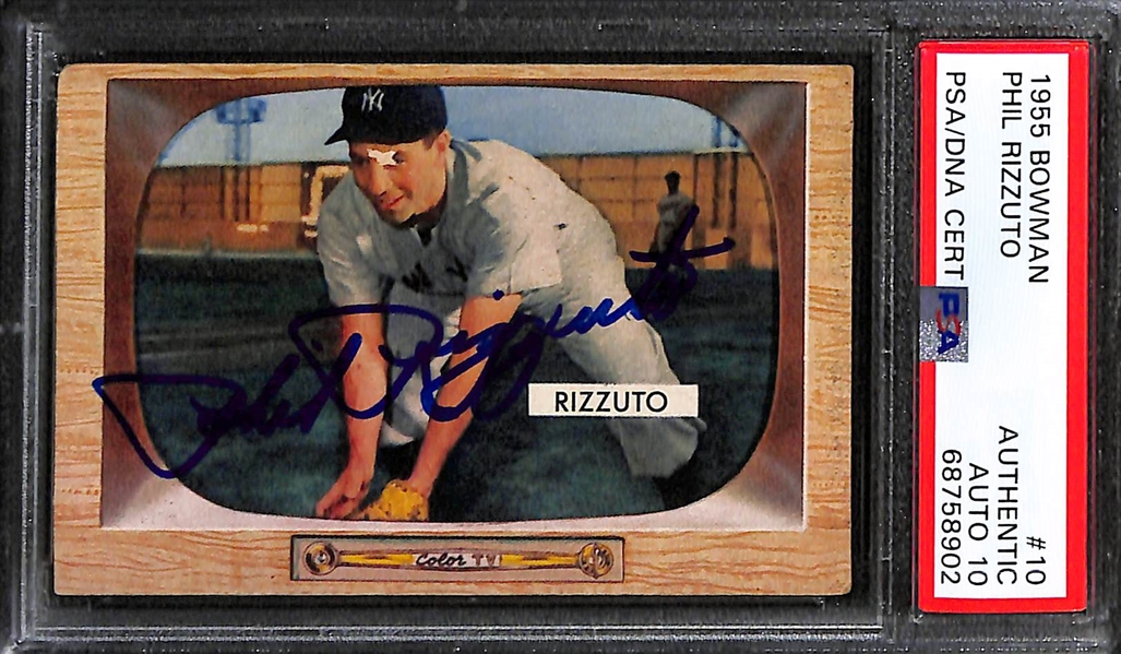 (2) Signed 1955 Bowman Phil Rizzuto #10 Cards (PSA/DNA Auto Grades 9 & 10)