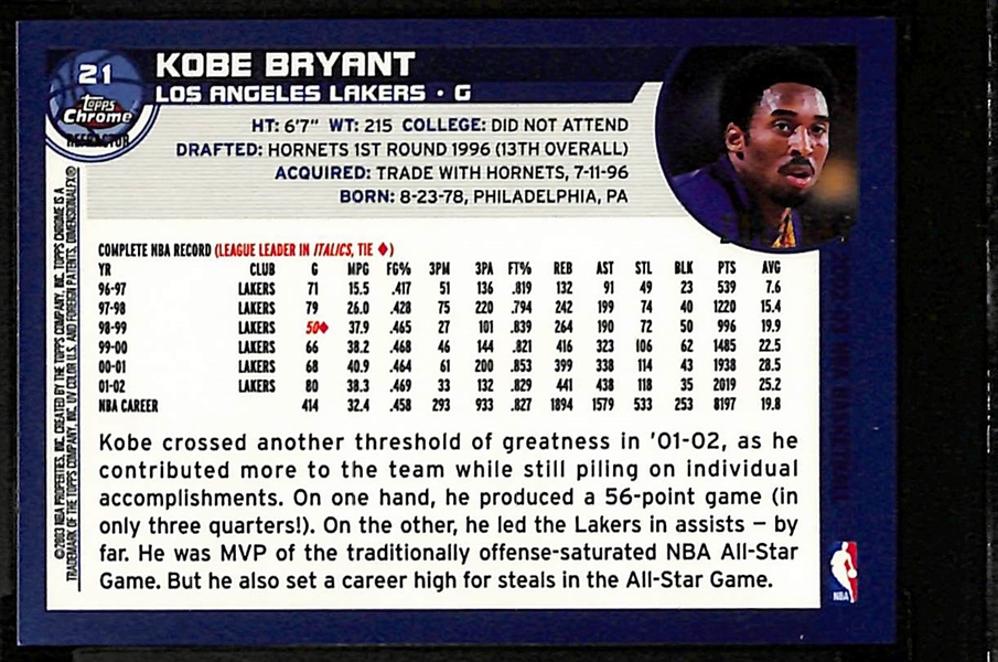 2002-03 Topps Chrome Kobe Bryant #21 White Border Refractor #ed 211/249 Graded SGC 10 Gem Mint
