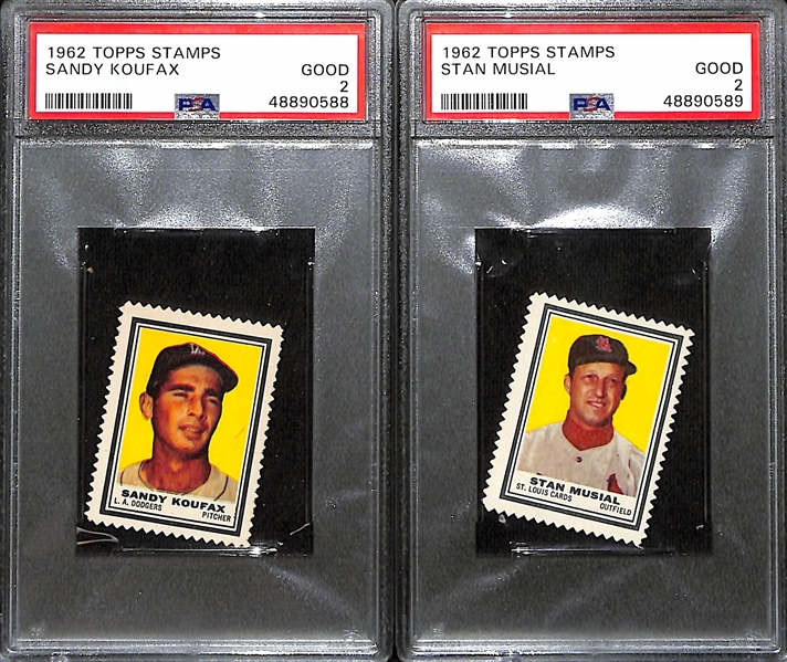 Lot of (10) PSA Graded 1962 Topps Stamps w. Clemente (PSA 6), Mays (PSA 4), Koufax (PSA 2), Musial (PSA 2) -- 4 are Graded PSA 8!