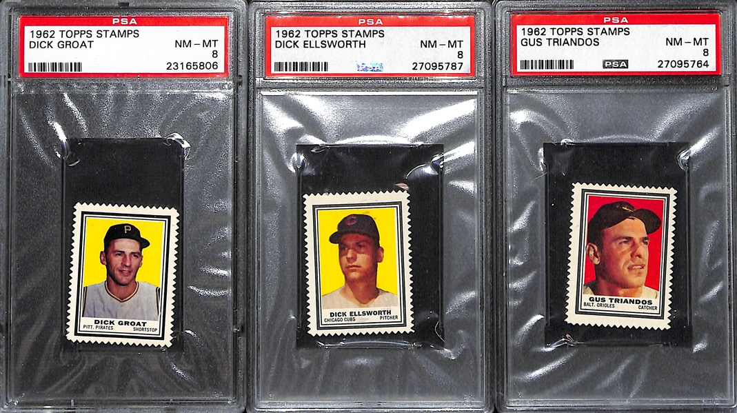 Lot of (10) PSA Graded 1962 Topps Stamps w. Clemente (PSA 6), Mays (PSA 4), Koufax (PSA 2), Musial (PSA 2) -- 4 are Graded PSA 8!