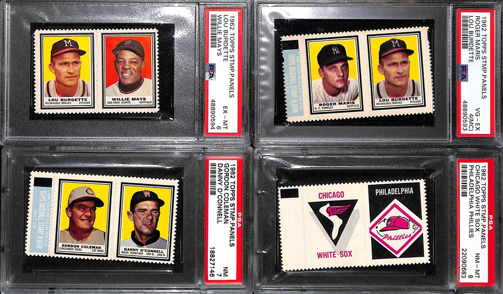 Lot of (4) PSA-Graded 1961 Topps 2-Panel Stamps w. Mays/Burdette (PSA 6), Maris/Burdette (PSA 4MK), Coleman/O'Connell (PSA 7), White Sox/Phillies (PSA 8)
