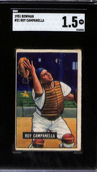 (4) 1951 Bowman Dodgers - Reese (SGC 5), Newcombe (SGC 3), Hodges (SGC 1.5), Campanella (SGC 1.5)