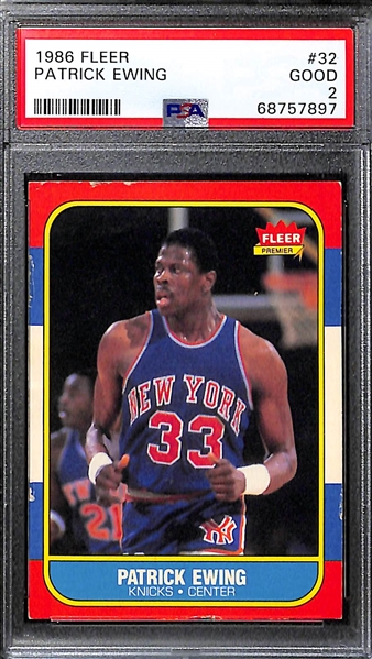 (4) Graded 1986-87 Fleer Basketball Cards - (2) Patrick Ewing Rookies (PSA 7 & PSA 2), Abdul Jabbar Sticker (PSA 6), Magic Johnson Sticker (PSA 6)