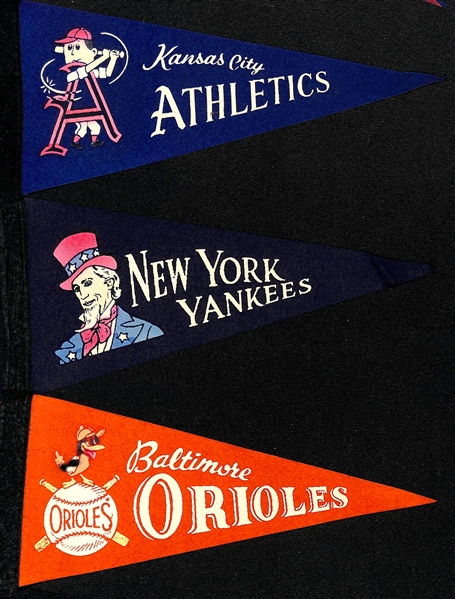 Lot of (20) Early 1960s 9 Felt Baseball Mini Pennants - Complete American & National League Set