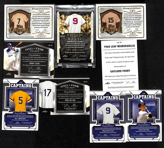 Lot of (9) 2022 Leaf In The Game Used Relic Baseball Cards w. Mickey Mantle #d /6 and Ted Williams #d /6