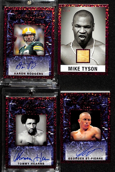 Lot of (3) 2022 Leaf In The Game Used Autographs and Relics w. Aaron Rodgers Auto #d /20, Mike Tyson relic #d /35, Tommy Hearns Auto #d /45 and Georges St. Pierre Auto #d /45. 