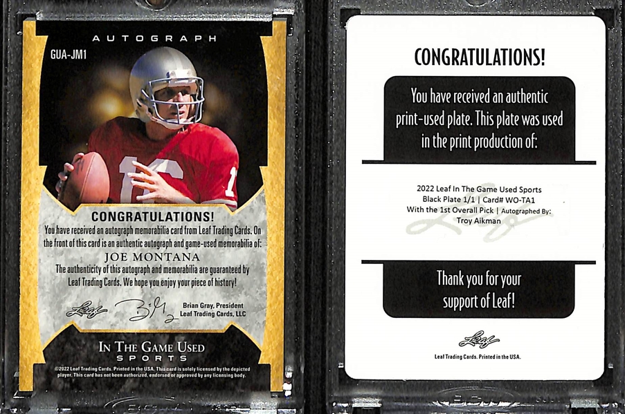 2022 Leaf In the Game Used Joe Montana Auto Patch #d /35 and Troy Aikman 1st Overall Pick Printing Plate #d 1/1