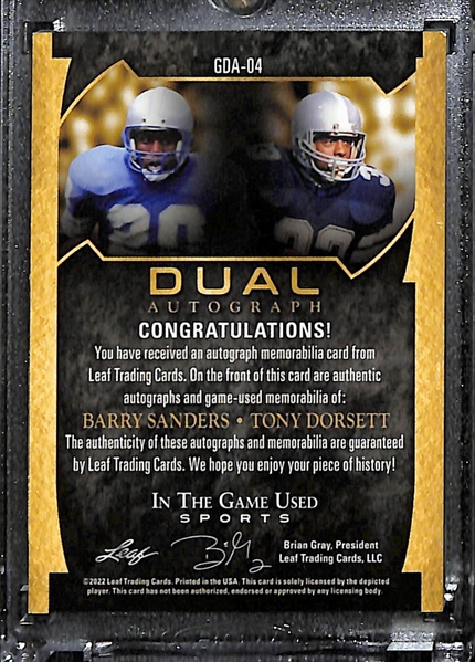 2022 Leaf In The Game Used Barry Sanders and Tony Dorsett Dual Autographed Relic Card