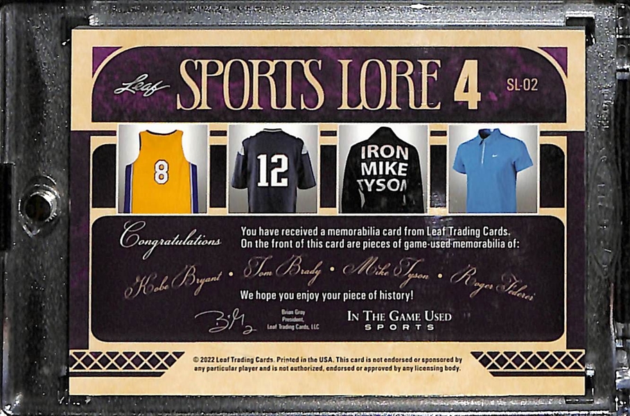 2022 Leaf In The Game Used Sports Lore 4 Relic Card w. Kobe Bryant, Tom Brady, Mike Tyson and Roger Federer #d 1/12