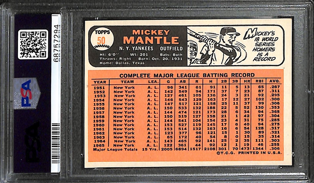 1966 Topps Mickey Mantle #50 Graded PSA 6