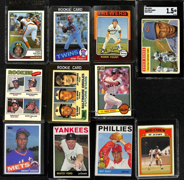 Lot of (11) Baseball Rookies and Vintage Cards w. Gwynn, Puckett, Yount RCs and 1956 Topps Ernie Banks SGC 1.5, and More