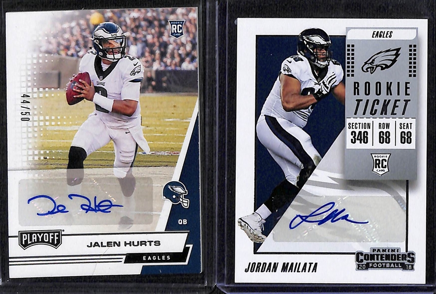 2020 Playoff Jalen Hurts RC Autographed #d 44/50 and 2018 Contenders Rookie Ticket Jordan Mailata Autograph RC