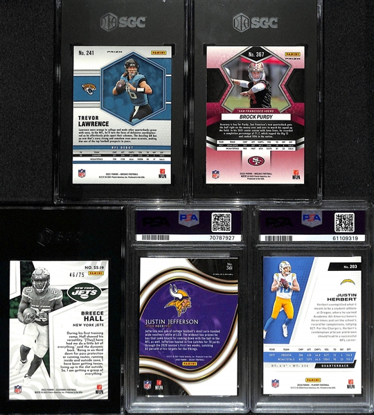 Lot of (5) Graded NFL Rookies w. 2021 Mosaic Pink Camo Prizm Trevor Lawrence SGC 10, 2022 Mosaic Brock Purdy Silver Prizm SGC 10, and Others 