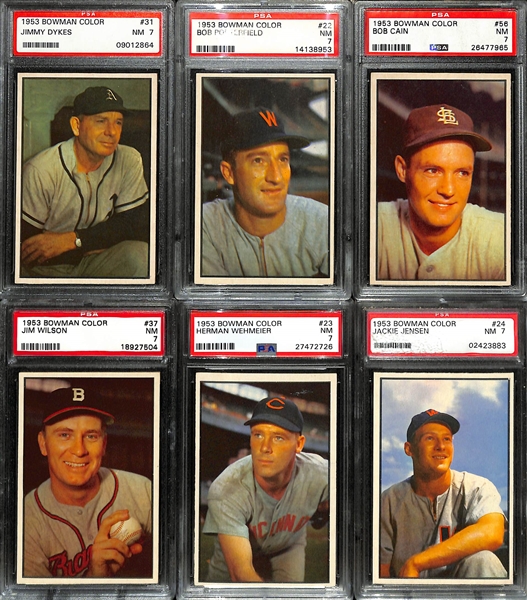 (6) 1953 Bowman Color Cards (All Graded PSA 7) w. Dykes (#31), Porterfield (#22), Cain (#56), Wilson (#37), Wehmeier (#23), Jensen (#24)