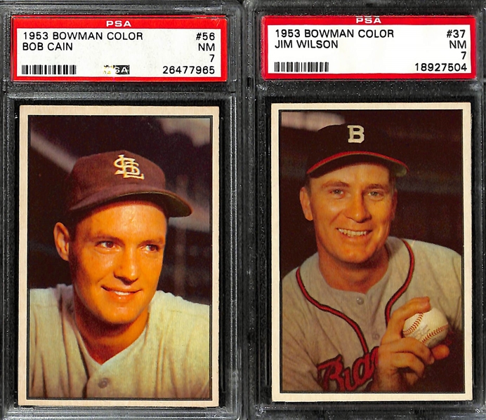(6) 1953 Bowman Color Cards (All Graded PSA 7) w. Dykes (#31), Porterfield (#22), Cain (#56), Wilson (#37), Wehmeier (#23), Jensen (#24)