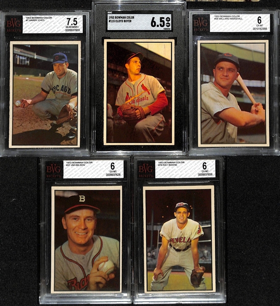 (5) 1953 Bowman Color Cards (All Graded 6-7.5) w. Chiti #7 (BVG 7.5), Boyer #115 (SGC 6.5), Marshall #58 (BVG 6), Boone #79 (BVG 6), Wilson #37 (BVG 6)