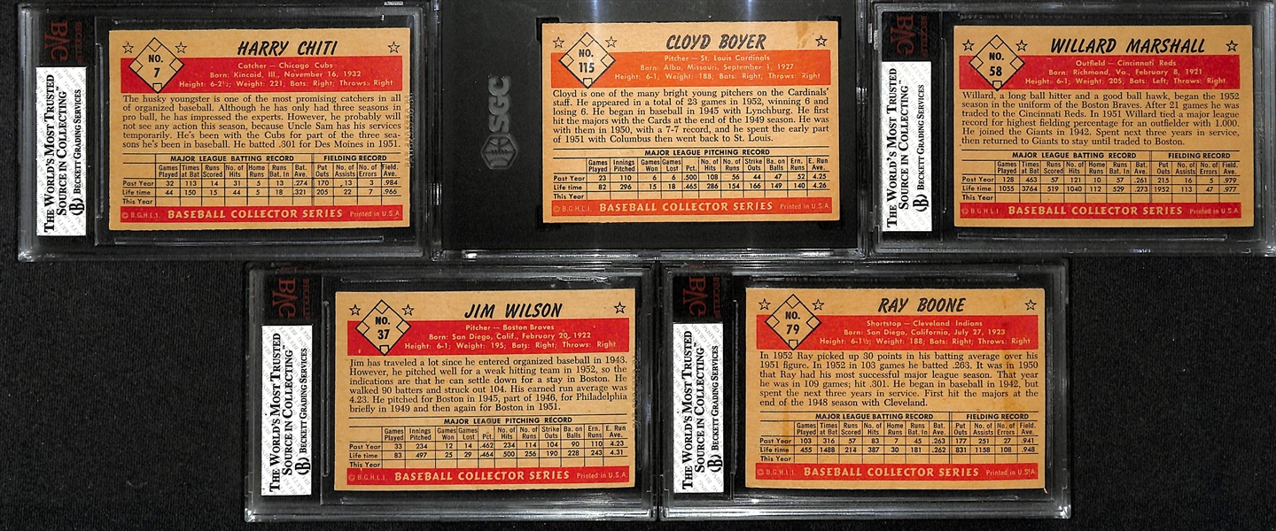 (5) 1953 Bowman Color Cards (All Graded 6-7.5) w. Chiti #7 (BVG 7.5), Boyer #115 (SGC 6.5), Marshall #58 (BVG 6), Boone #79 (BVG 6), Wilson #37 (BVG 6)