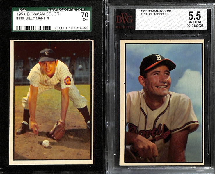 (6) 1953 Bowman Color Cards (All Graded 5.5 EX+) w. Billy Martin #118, Adcock #151, Miggins #142, Pesky #134, Church #138, Shea #141