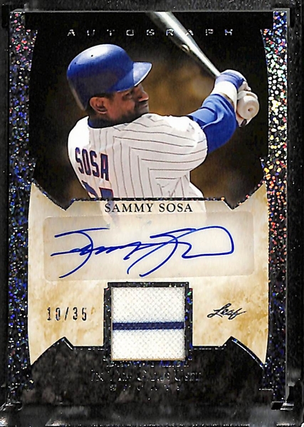 Lot of (4) Leaf Autographed Cards w. Sammy Sosa ITG Auto Relic #d /35, Frank Thomas ITG Auto Relic #d 3/3, Jennie Finch ITG Auto #d 1/1, and More