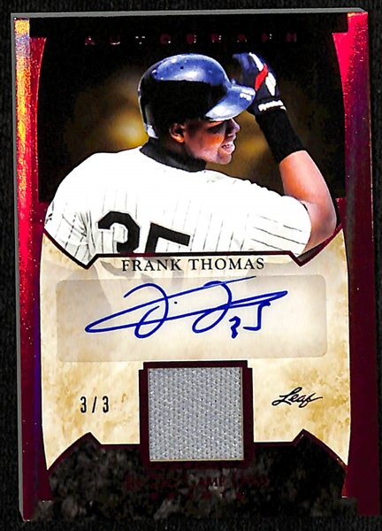 Lot of (4) Leaf Autographed Cards w. Sammy Sosa ITG Auto Relic #d /35, Frank Thomas ITG Auto Relic #d 3/3, Jennie Finch ITG Auto #d 1/1, and More