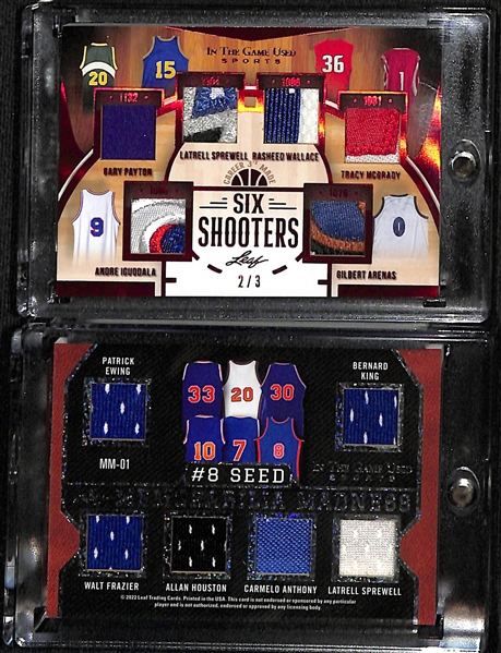 2022 Leaf ITG Relics w. Six Shooters G. Payton/Sprewell/Wallace/McGrady/Iguodala/Arenas #d /3 and Memorabilia Madness 12 Relic Lakers and Pistons Legends #d /15