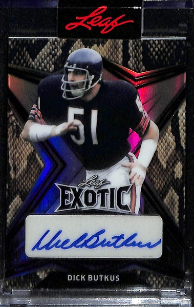 Lot of (3) 2022 Leaf Exotic Football Autographs w. O.J Simpson, Y.A. Tittle and Dick Butkus Each #d /10 or Less 