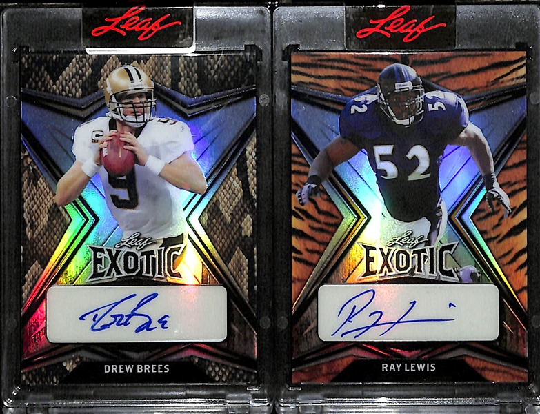 Lot of (2) 2022 Leaf Exotic Football Autographs w. Drew Brees Snakeskin #d 5/10 and Ray Lewis Tiger #d 2/10
