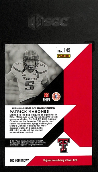 2017 Elite Draft Picks Patrick Mahomes # 145 Rookie Graded SGC 10
