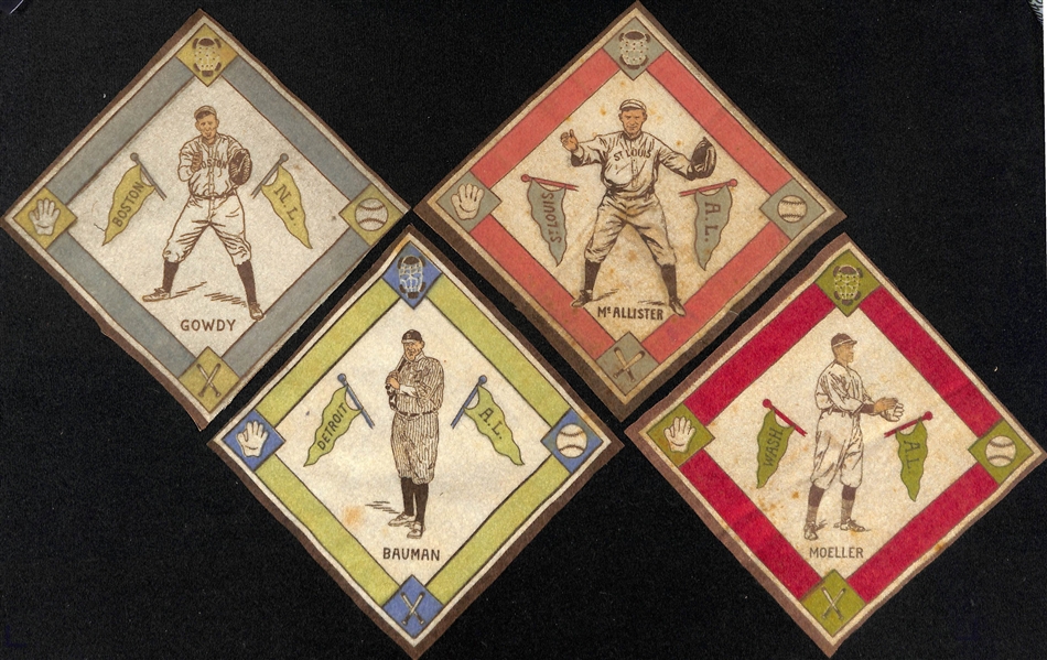 Lot of (4) 1914 B18 Baseball Blankets w. Hank Gowdy & (3) c. 1940s Mini Baseball Pennants w Boston Braves