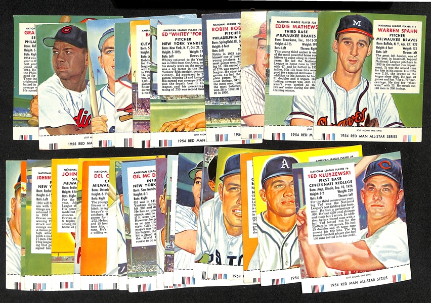 Lot of (24) 1954 Red Man Tobacco Cards w. Tabs Including Warren Spahn 