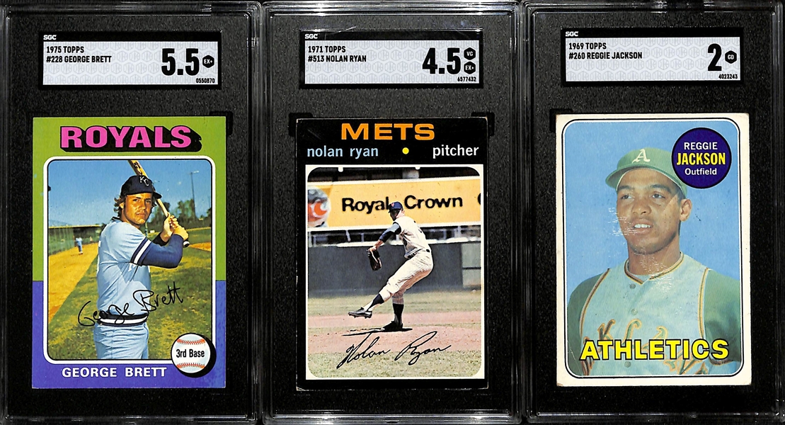 Lot of (3) SGC Graded Topps Baseball Cards w. 1975 Topps # 228 George Brett SGC 5.5, 1971 Topps # 513 Nolan Ryan and More