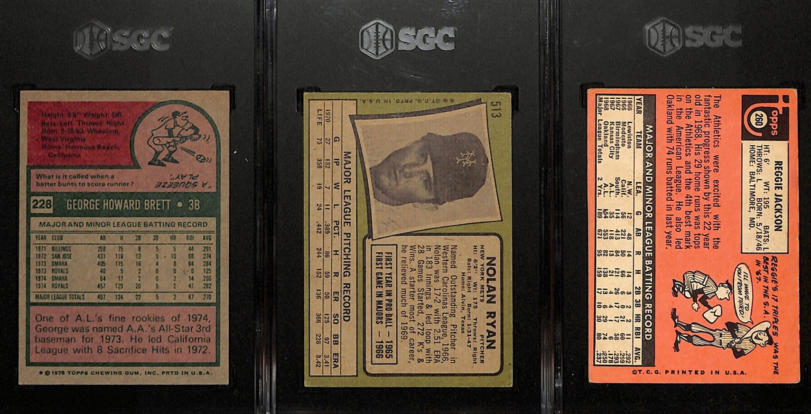 Lot of (3) SGC Graded Topps Baseball Cards w. 1975 Topps # 228 George Brett SGC 5.5, 1971 Topps # 513 Nolan Ryan and More