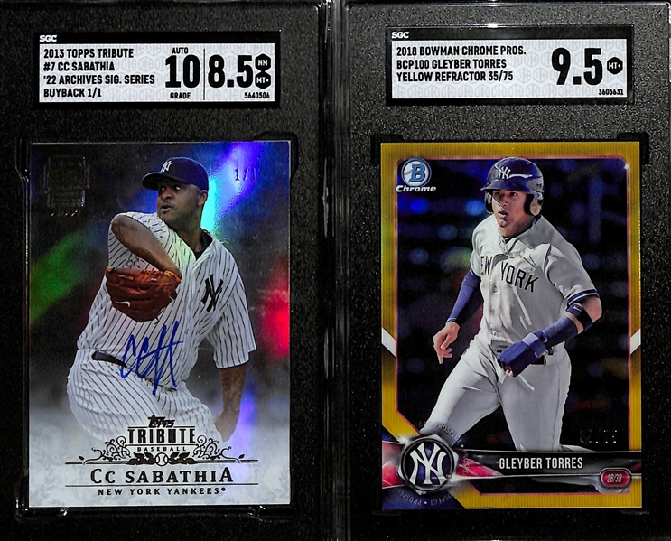 2013 Topps Tribute CC Sabathia Archives Signature Series Buyback 1/1 Graded SGC 8.5/10 and 2018 Bowman Chrome Prospects Gleyber Torres Yellow Refractor #d 35/75 SGC 9.5