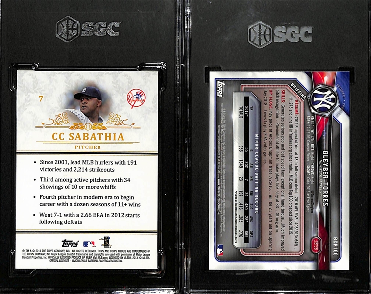 2013 Topps Tribute CC Sabathia Archives Signature Series Buyback 1/1 Graded SGC 8.5/10 and 2018 Bowman Chrome Prospects Gleyber Torres Yellow Refractor #d 35/75 SGC 9.5