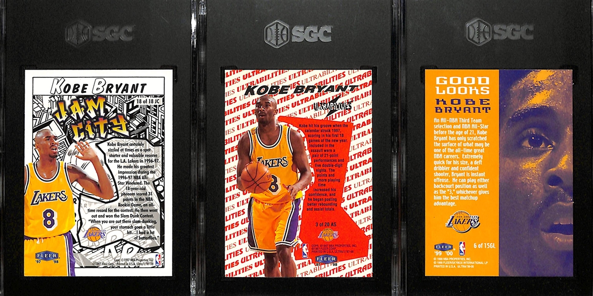 Lot of (3) 1990s SGC Graded Kobe Bryant Cards w. 1997-98 Fleer Ultra Jam City #18JC SGC 9.5, 1997-98 Fleer Ultra Ultrabilities All-Star #3AS SGC 9, and More