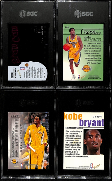 Lot of (4) 1990s SGC Graded Kobe Bryant Cards w. 1997-98 Skybox Z-Force Slam Cam SGC 9, 1997-98 skybox Premium SGC 10, 1999-00 Skybox Metal Emerald SGC 8.5, More