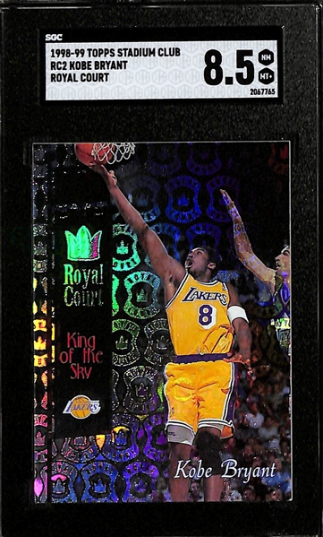 Lot of (5) SGC Graded Kobe Bryant Cards w. 1998-99 Topps Stadium Club Royal Court SGC 8.5, 2000-01 Topps Quantum Leaps SGC 8, and Others