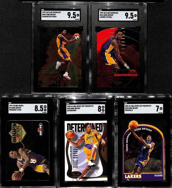 Lot of (5) SGC Graded Kobe Bryant Cards w. 1999-00 Flair Showcase Guaranteed Fresh SGC 9.5, 1999-00 Flair Showcase License to Skill, 1997-98 Hoops Frequent flyer SGC 8.5, and More